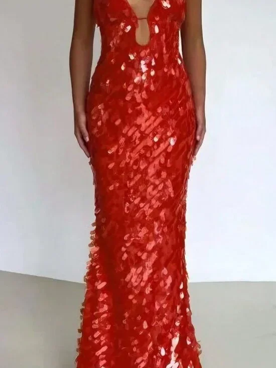Red Sequin Formal Women's V-Neck Sleeveless Maxi Prom Dress - Picture 5 of 5